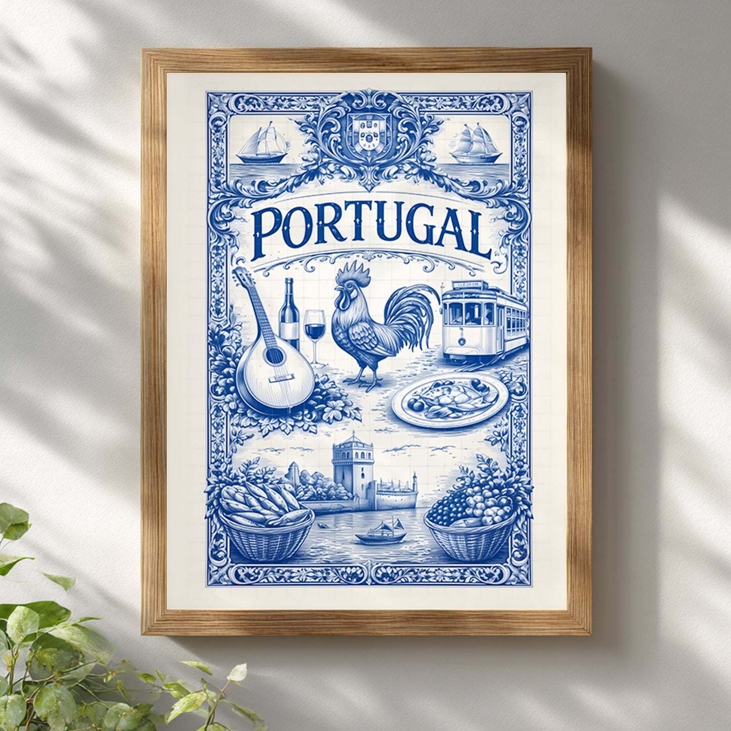 Blue tile poster inspired by Portuguese azulejos, hanging on a sunlit wall with soft shadows. The artwork shows traditional Portugal symbols arranged in a decorative tile layout reflecting Mediterranean travel art.