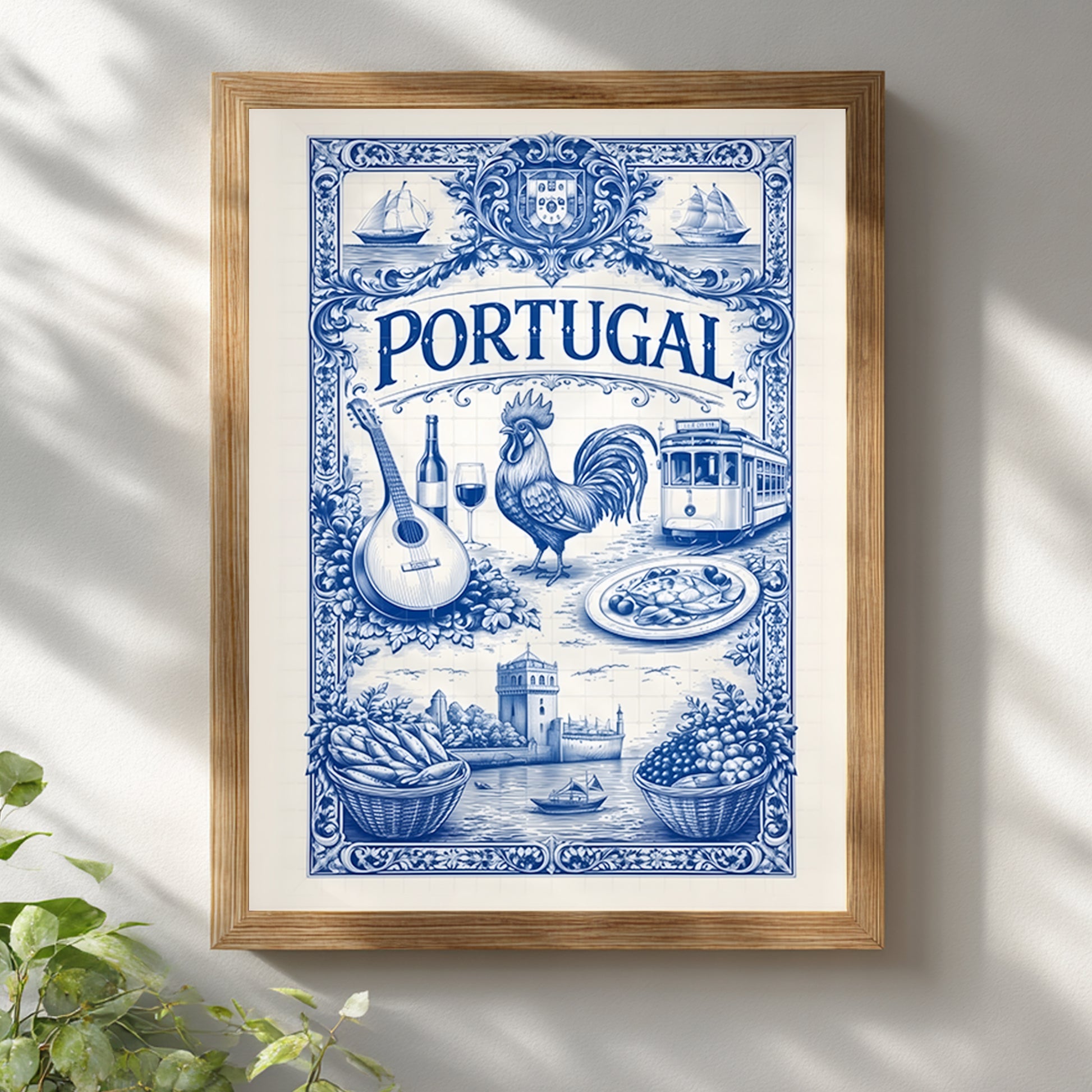 Blue tile poster inspired by Portuguese azulejos, hanging on a sunlit wall with soft shadows. The artwork shows traditional Portugal symbols arranged in a decorative tile layout reflecting Mediterranean travel art.