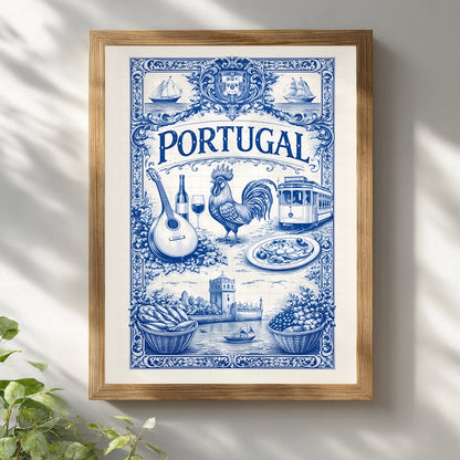 Blue tile poster inspired by Portuguese azulejos, hanging on a sunlit wall with soft shadows. The artwork shows traditional Portugal symbols arranged in a decorative tile layout reflecting Mediterranean travel art.