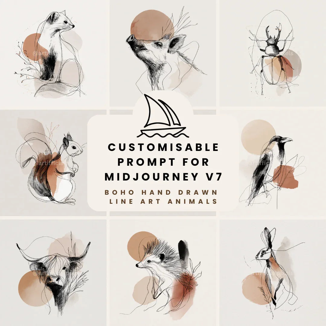 boho-hand-drawn-animals-midjourney-ai-prompt-front
