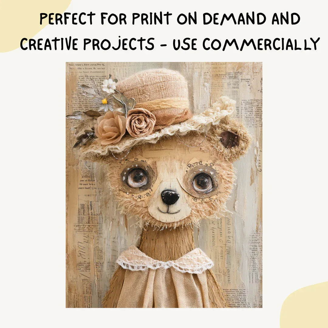 Whimsical portrait of a bear in mixed media folk-art style, Midjourney-generated with soft tones and layered vintage textures