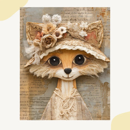 Whimsical portrait of a fox in mixed media folk-art style, Midjourney-generated with soft tones and layered vintage textures
