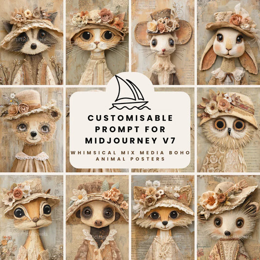 Whimsical portrait of animals in mixed media folk-art style, Midjourney-generated with soft tones and layered vintage textures front cover.









