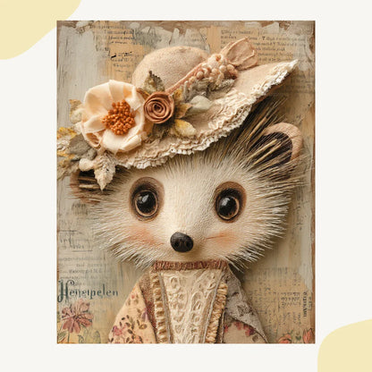 Whimsical portrait of a hedgehog in mixed media folk-art style, Midjourney-generated with soft tones and layered vintage textures