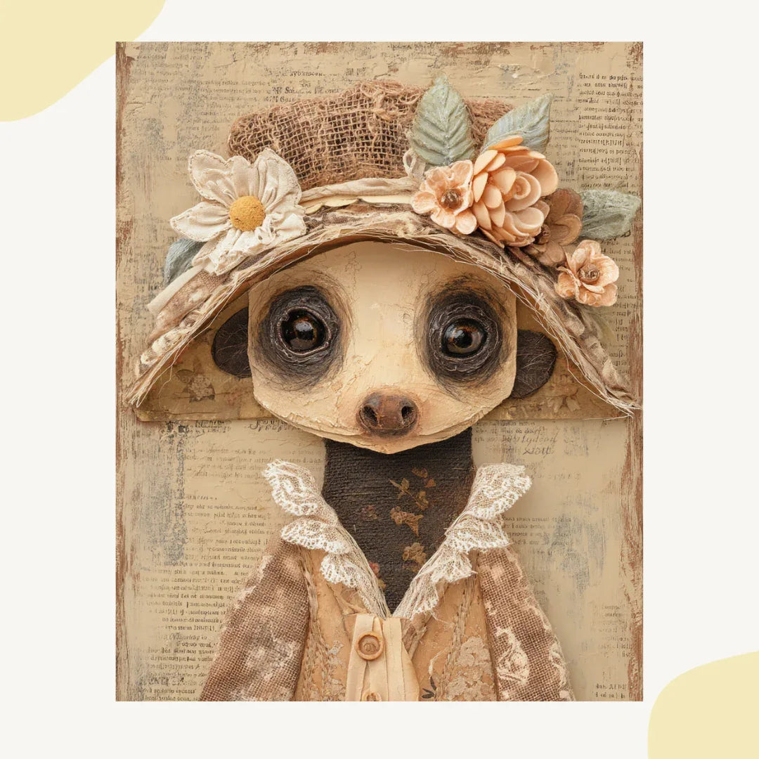 Whimsical portrait of a mole in mixed media folk-art style, Midjourney-generated with soft tones and layered vintage textures