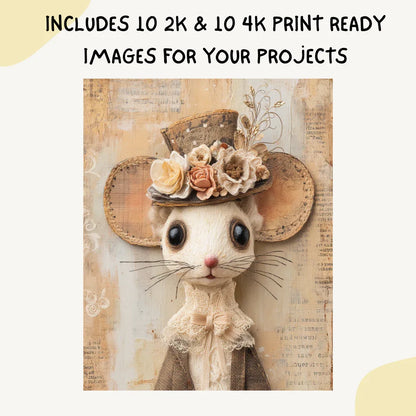 Whimsical portrait of a mouse in mixed media folk-art style, Midjourney-generated with soft tones and layered vintage textures