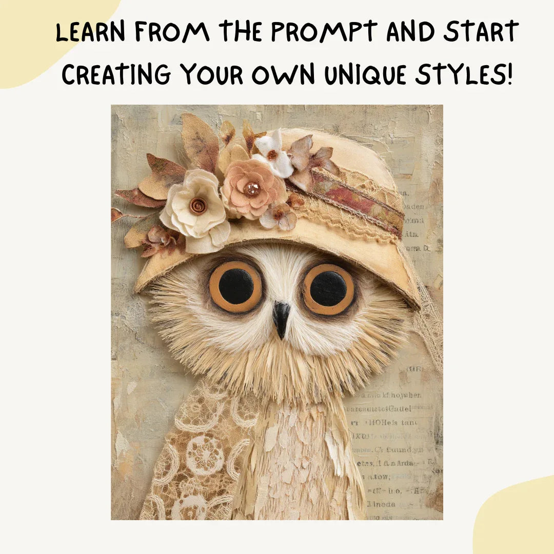 Whimsical portrait of a owl in mixed media folk-art style, Midjourney-generated with soft tones and layered vintage textures