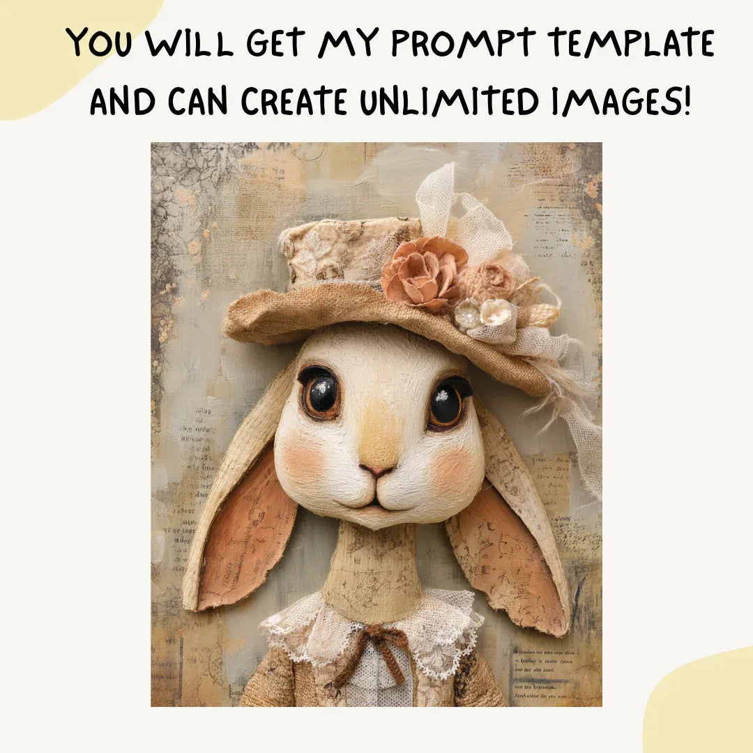 Whimsical portrait of a rabbit in mixed media folk-art style, Midjourney-generated with soft tones and layered vintage textures