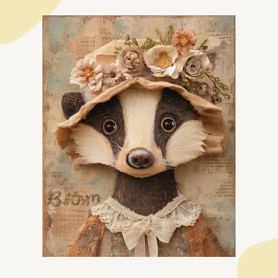 Whimsical portrait of a raccoon in mixed media folk-art style, Midjourney-generated with soft tones and layered vintage textures