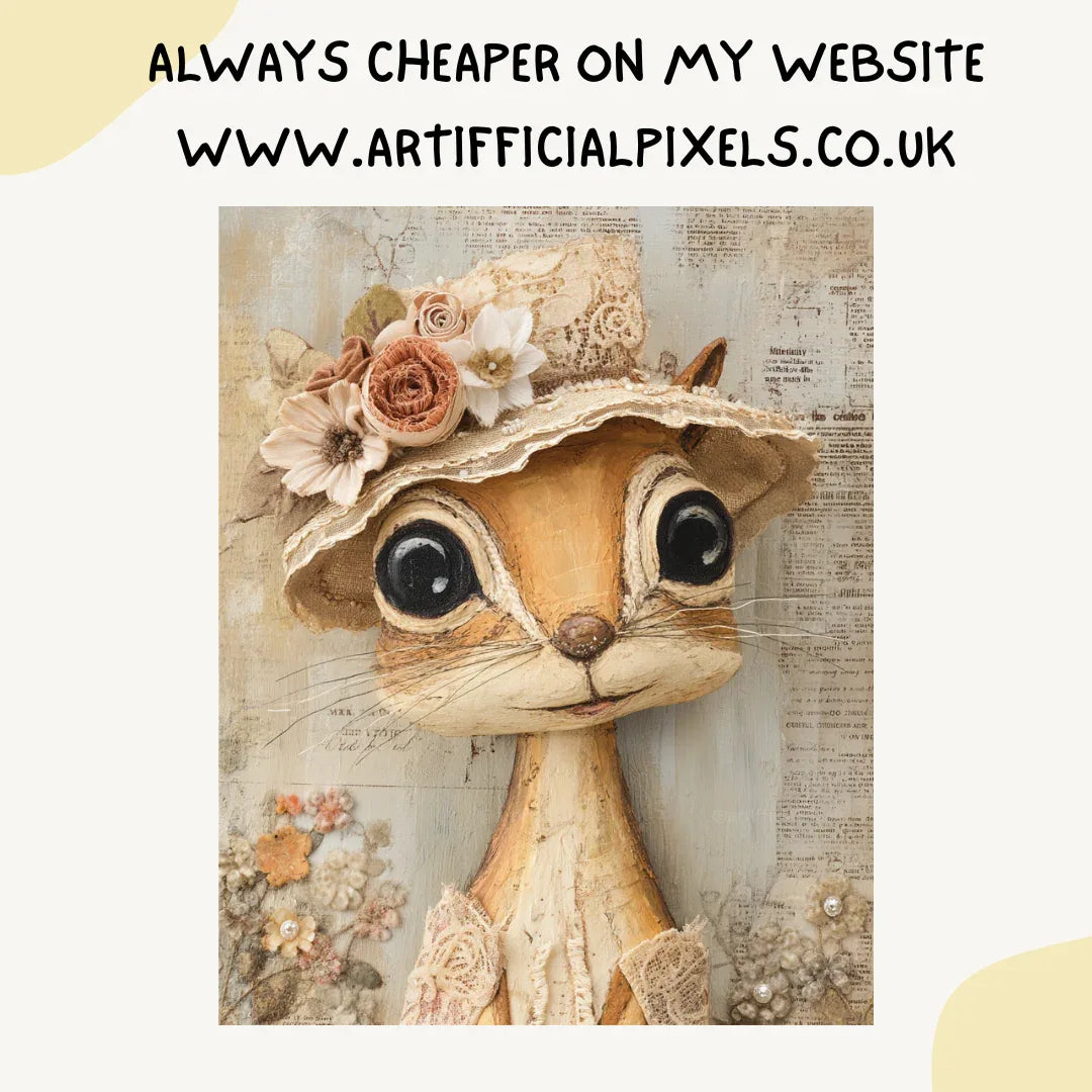 Whimsical portrait of a squirrel in mixed media folk-art style, Midjourney-generated with soft tones and layered vintage textures