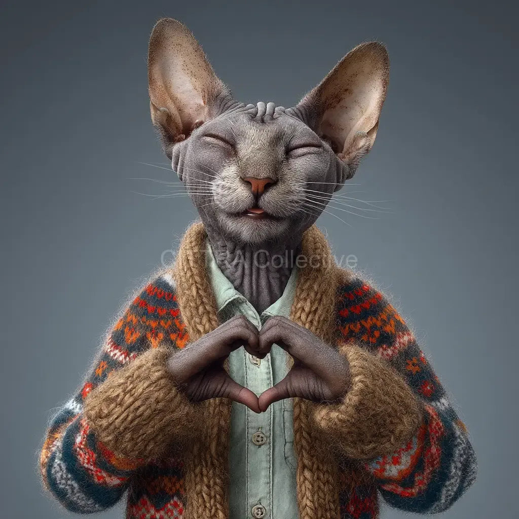 Hyper-realistic cat making heart shape in knitted jumper - Midjourney AI art prompt example