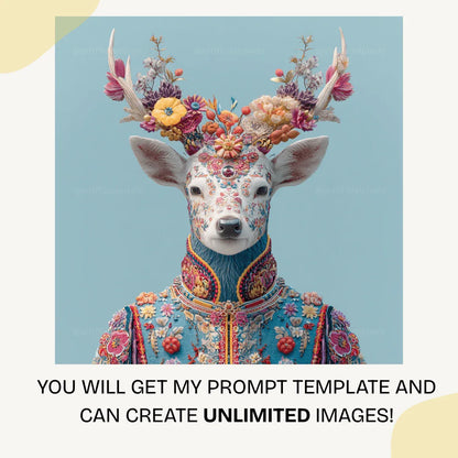 Elegant ceremonial deer artwork featuring blue floral embroidery and ornate decorative elements for wall art and poster prints

