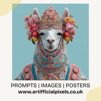 Charming ceremonial llama artwork with blue floral embroidery and ornate details perfect for modern home decor

