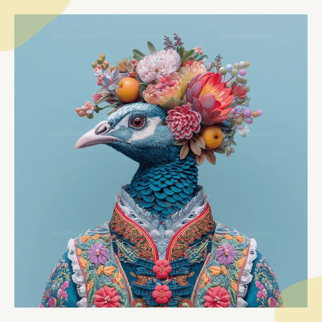 Magnificent ceremonial peacock artwork with blue floral embroidery and intricate decorative patterns for luxury wall decor

