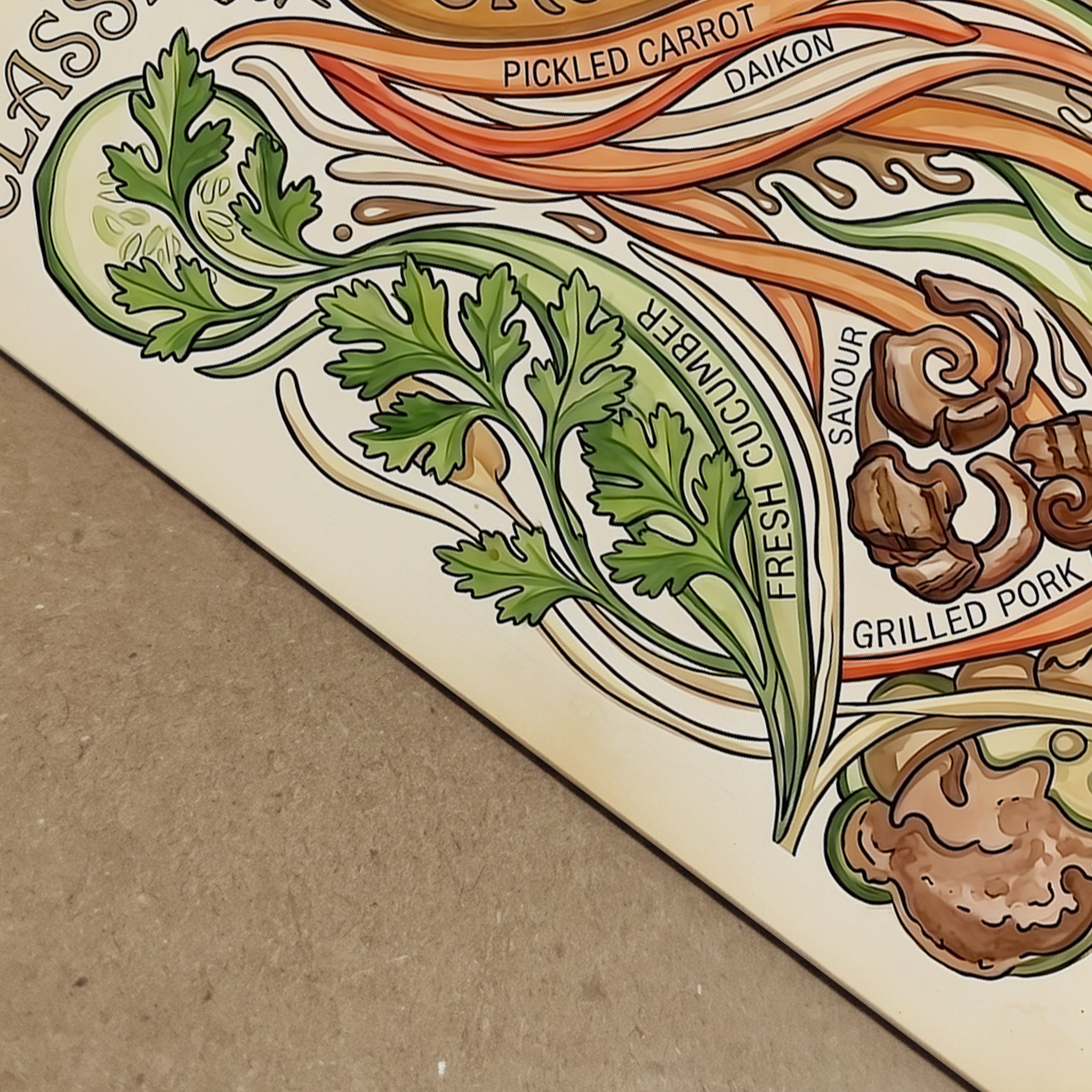 Close-up view of the Banh Mi art print showing the printed detail, paper texture and illustrated Vietnamese sandwich ingredients. The vintage recipe poster includes flowing lines, coriander, cucumber, pickled vegetables, grilled pork and baguette artwork, ideal for showing the quality and detail of the food wall art.