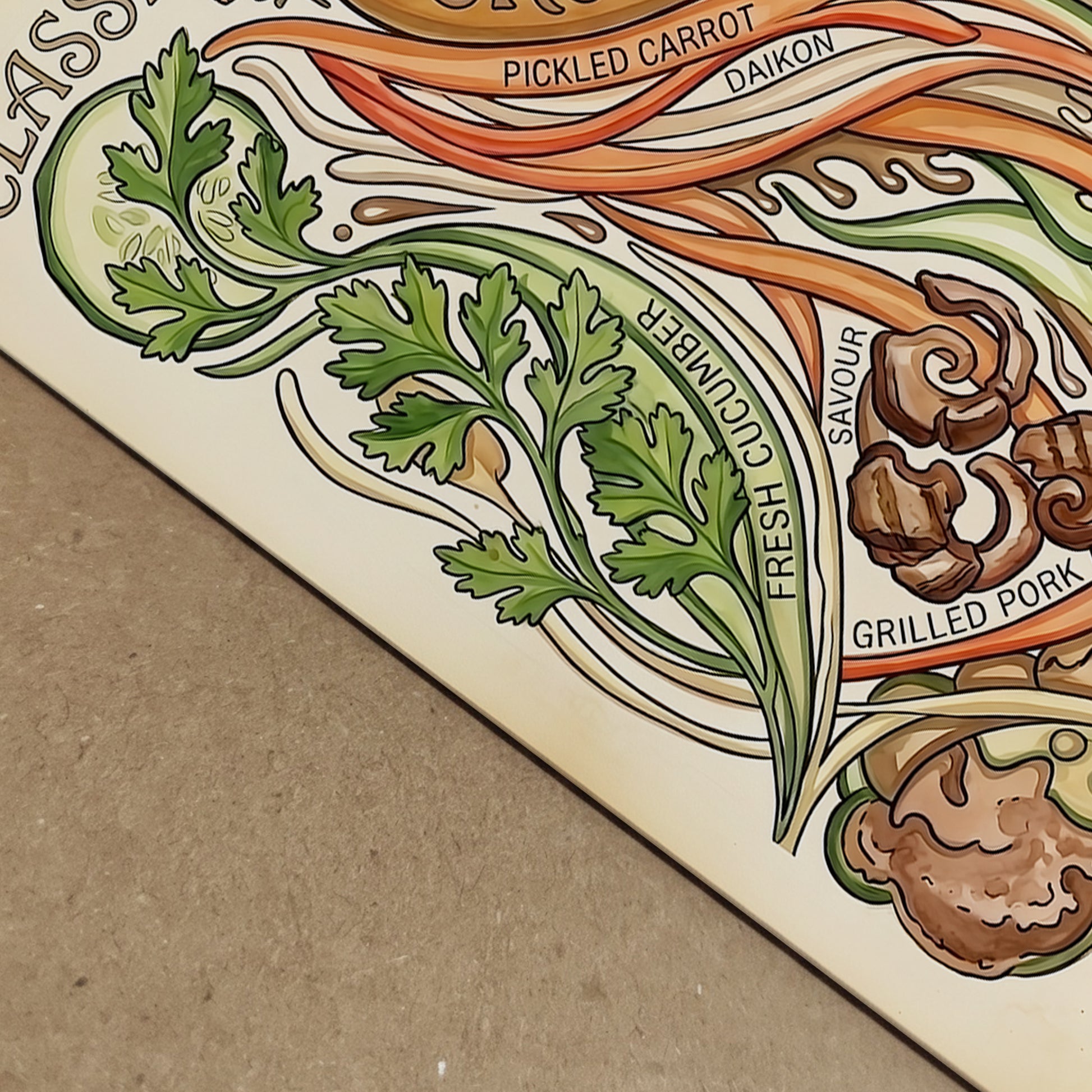 Close-up view of the Banh Mi art print showing the printed detail, paper texture and illustrated Vietnamese sandwich ingredients. The vintage recipe poster includes flowing lines, coriander, cucumber, pickled vegetables, grilled pork and baguette artwork, ideal for showing the quality and detail of the food wall art.