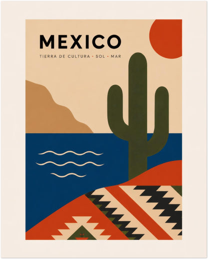 Unframed 16 x 20 inch Mexico poster with a green cactus as the main focal point, surrounded by a red sun, blue water, desert hills and graphic textile-inspired patterns. This colourful cultural travel print combines warm earthy shades with bold contrast for living rooms, bedrooms, offices and contemporary gallery walls.