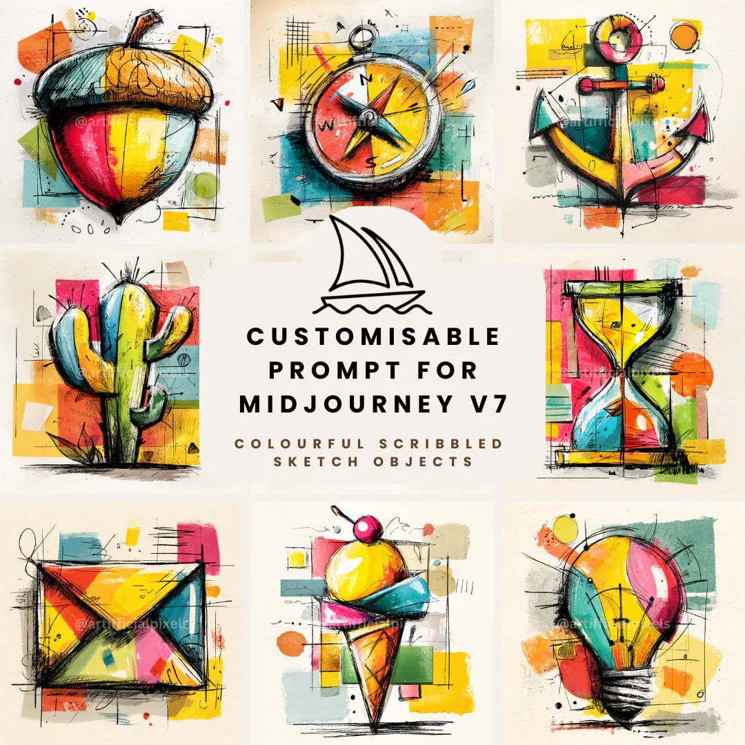 Messy Colourful Sketchpad Icons AI Art Prompt for Midjourney AI Image Generator - CITTRA Collective