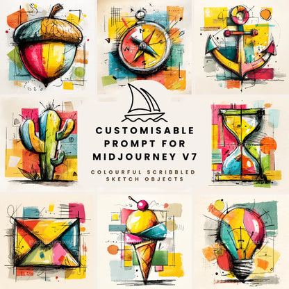 Messy Colourful Sketchpad Icons AI Art Prompt for Midjourney AI Image Generator - CITTRA Collective