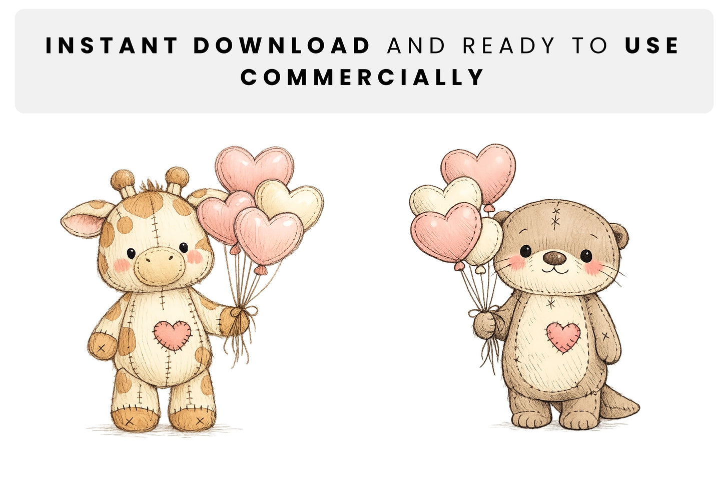 Two transparent plush animal illustrations – a stitched bunny and a teddy bear with heart balloons – presented as ready-to-use commercial clipart assets for creative projects