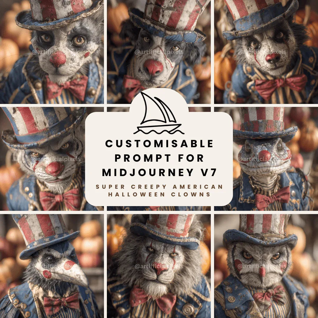 Editable Midjourney Prompt for Creepy American Halloween Animal Clowns - CITTRA Collective