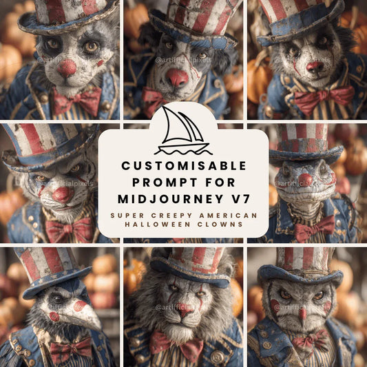 Editable Midjourney Prompt for Creepy American Halloween Animal Clowns - CITTRA Collective