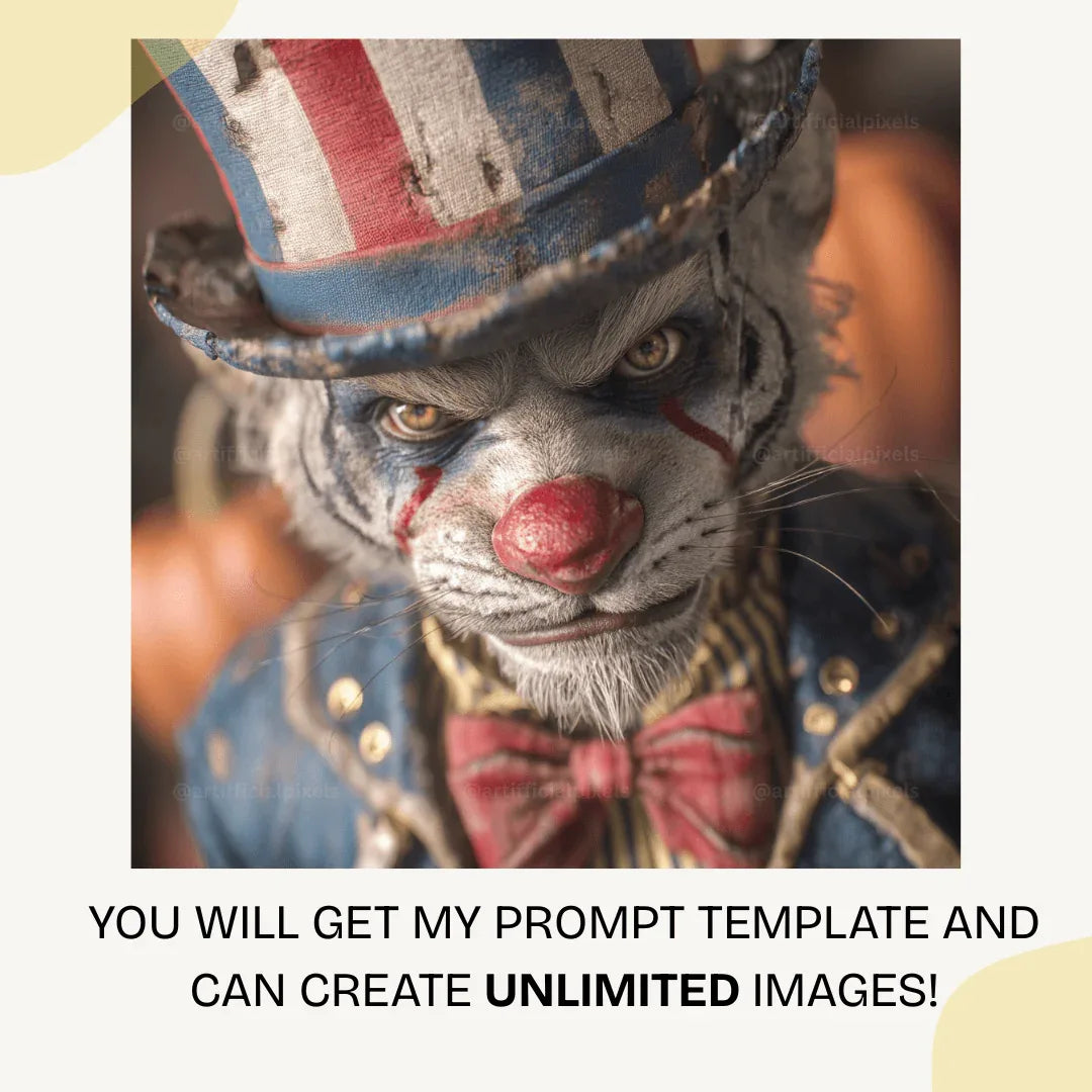 Editable Midjourney Prompt for Creepy American Halloween Animal Clowns - CITTRA Collective