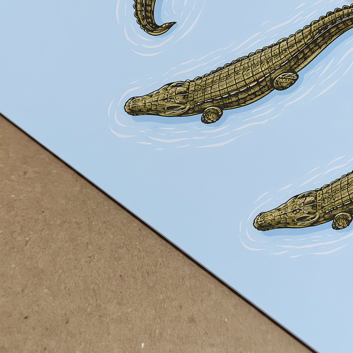 Close-up photograph of the crocodile art print showing paper texture and crisp illustration detail. The blue background meets a neutral surface, emphasising the fine woodcut-style scales and white water ripple lines around the reptiles. A detailed natural history reptile poster designed for wildlife wall art and zoology inspired decor.