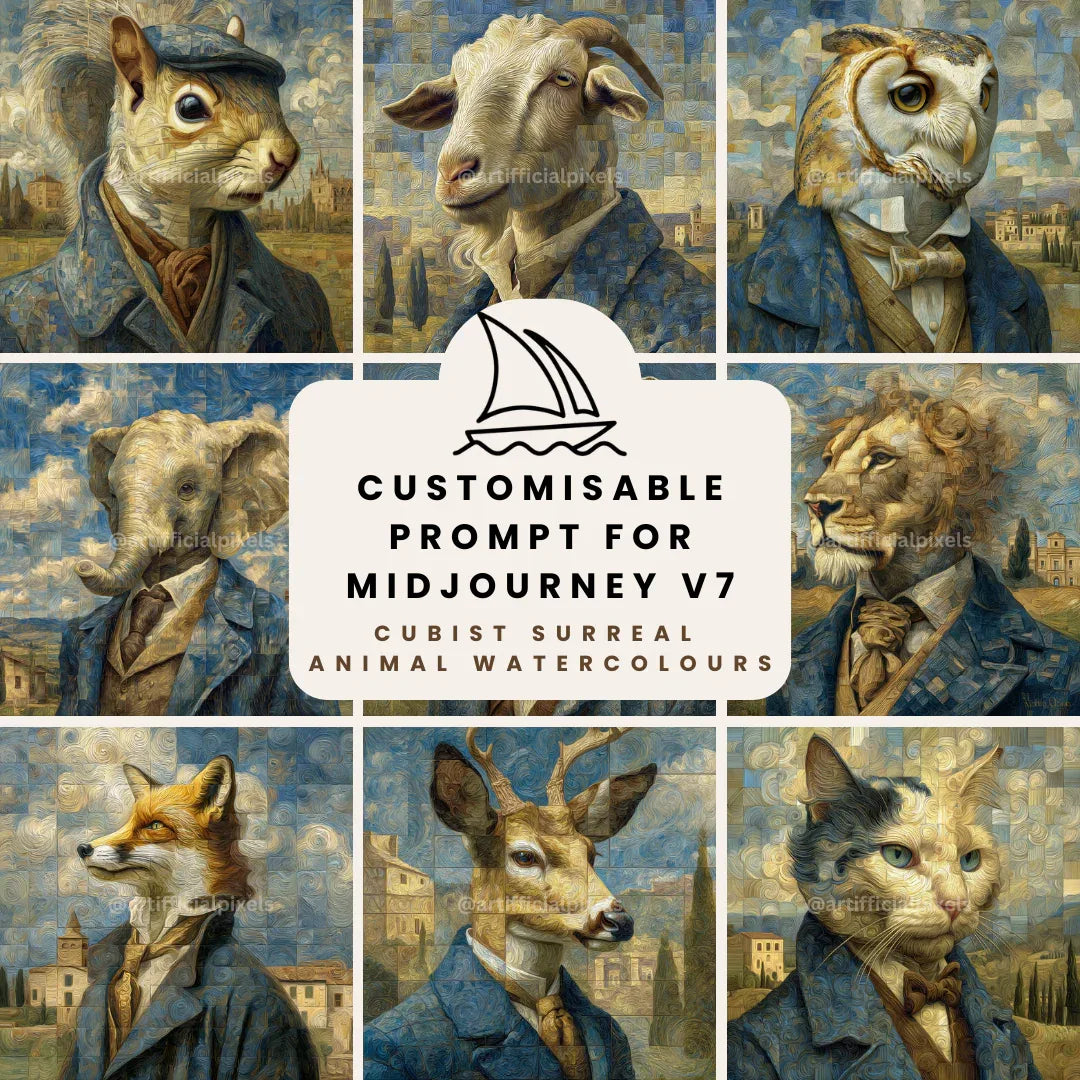 Mosaic Watercolour Animal Portraits Art Prompt for Midjourney AI Image Generator - CITTRA Collective