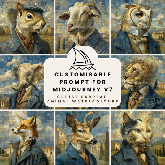 Mosaic Watercolour Animal Portraits Art Prompt for Midjourney AI Image Generator - CITTRA Collective