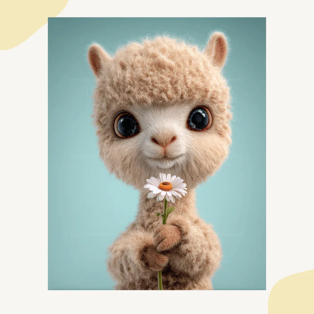Adorable llama character in Pixar animation style with soft fur ideal for social media and merchandise design

