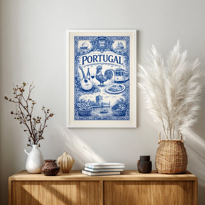 Cute Mediterranean kitchen wall print inspired by Portuguese tile art, displayed above a wooden sideboard with decorative vases. The blue azulejo poster features cultural symbols from Portugal including food, music, and coastal life.