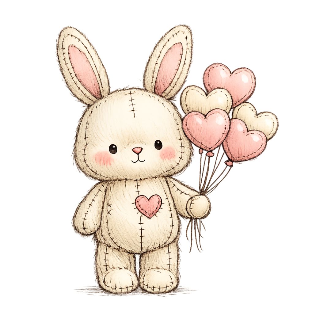 Adorable plush bunny holding heart balloons, valentines illustration with stitched fabric texture