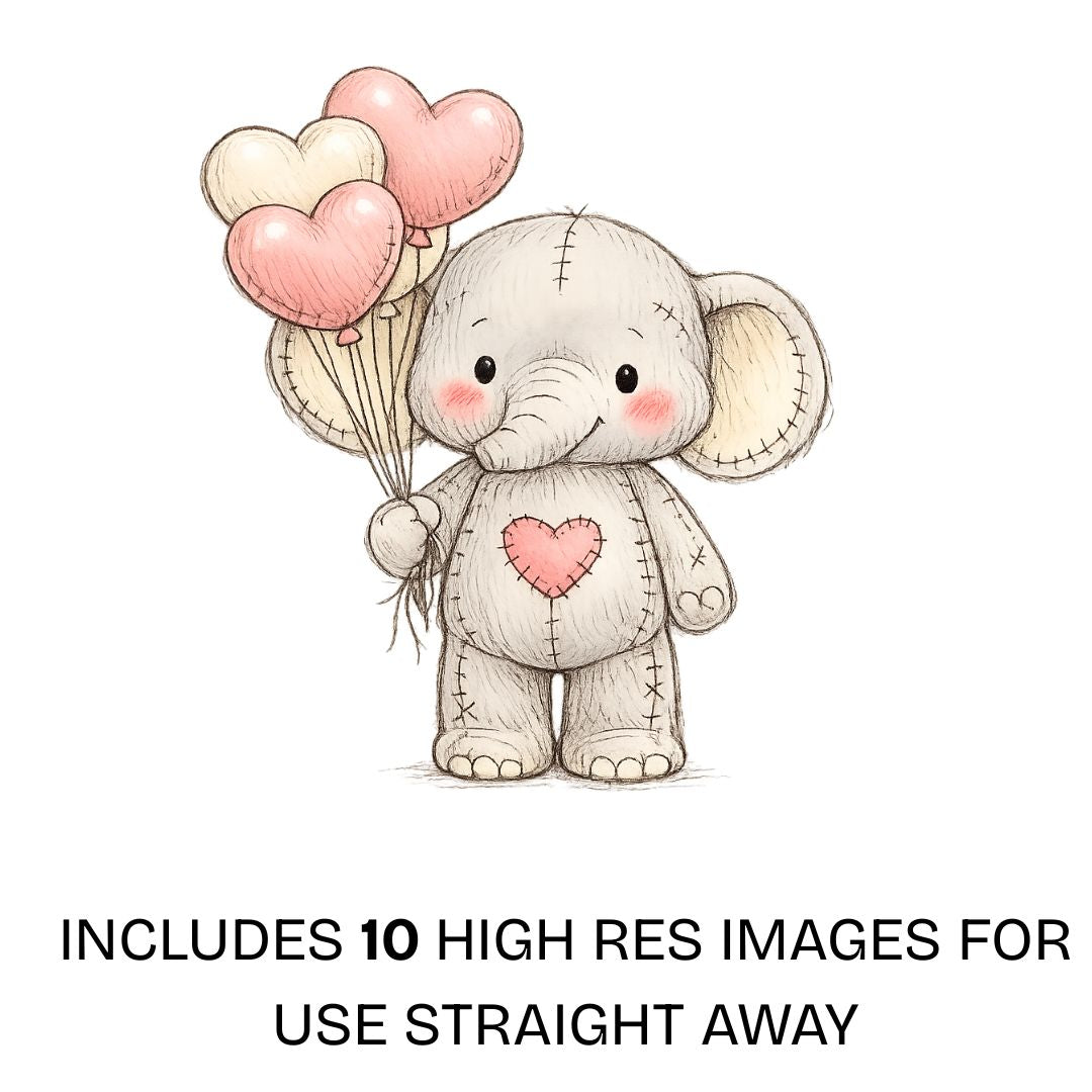 Cute plush-style elephant holding heart balloons, valentines illustration with stitched details on a transparent background