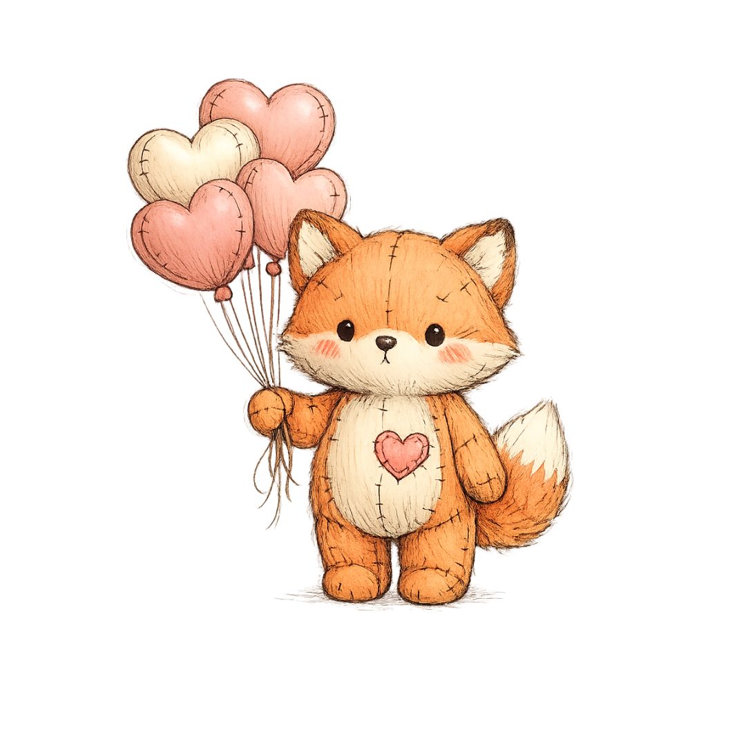 Adorable plush fox with heart balloons, hand-drawn valentines clipart style illustration