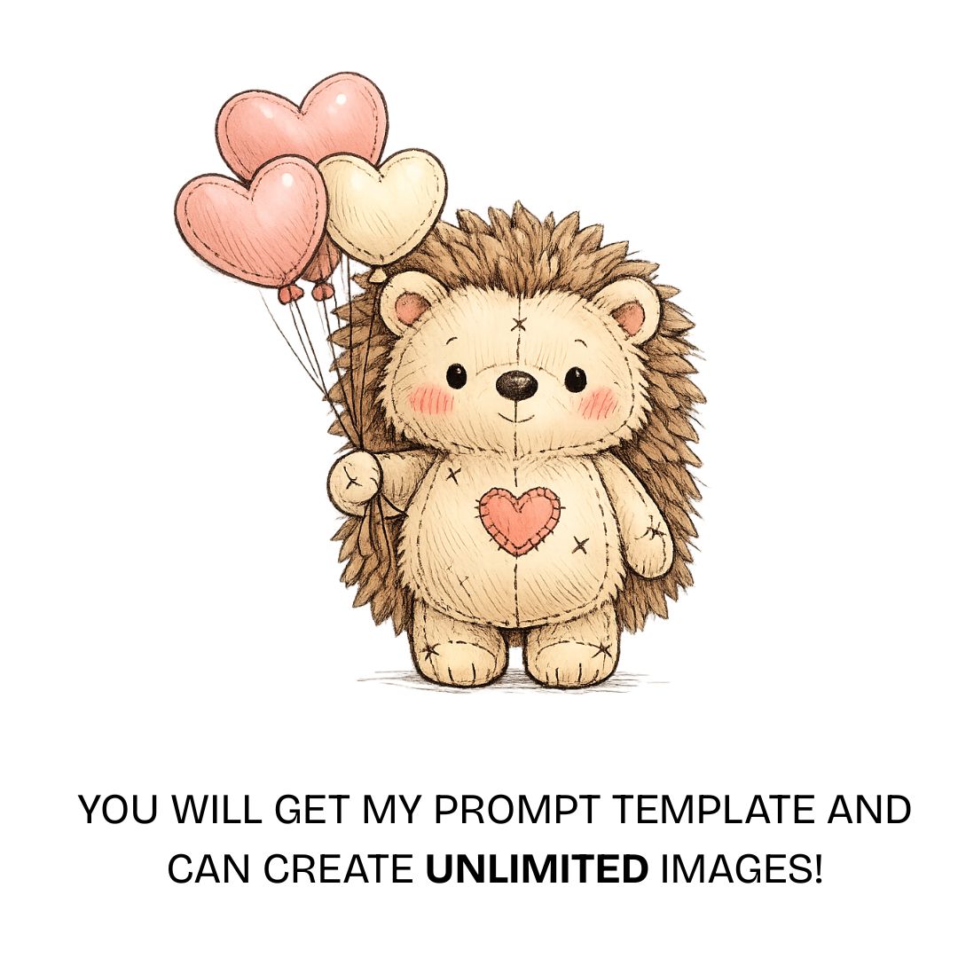 Adorable plush hedgehog holding heart balloons in a soft hand-drawn valentines style