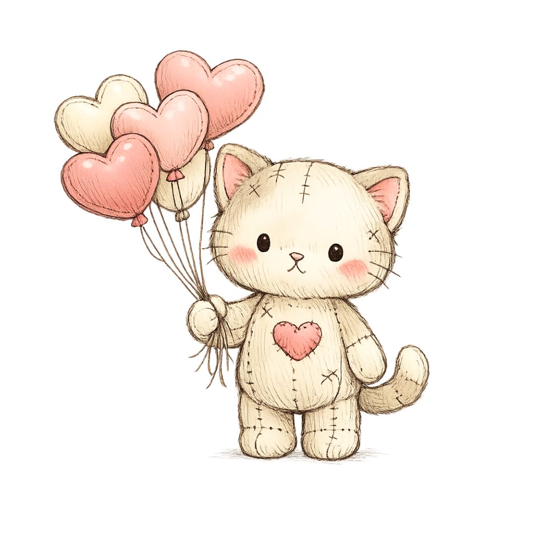 Cute plush kitten holding heart balloons, adorable valentines illustration on transparent background