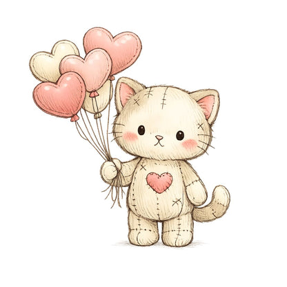Cute plush kitten holding heart balloons, adorable valentines illustration on transparent background