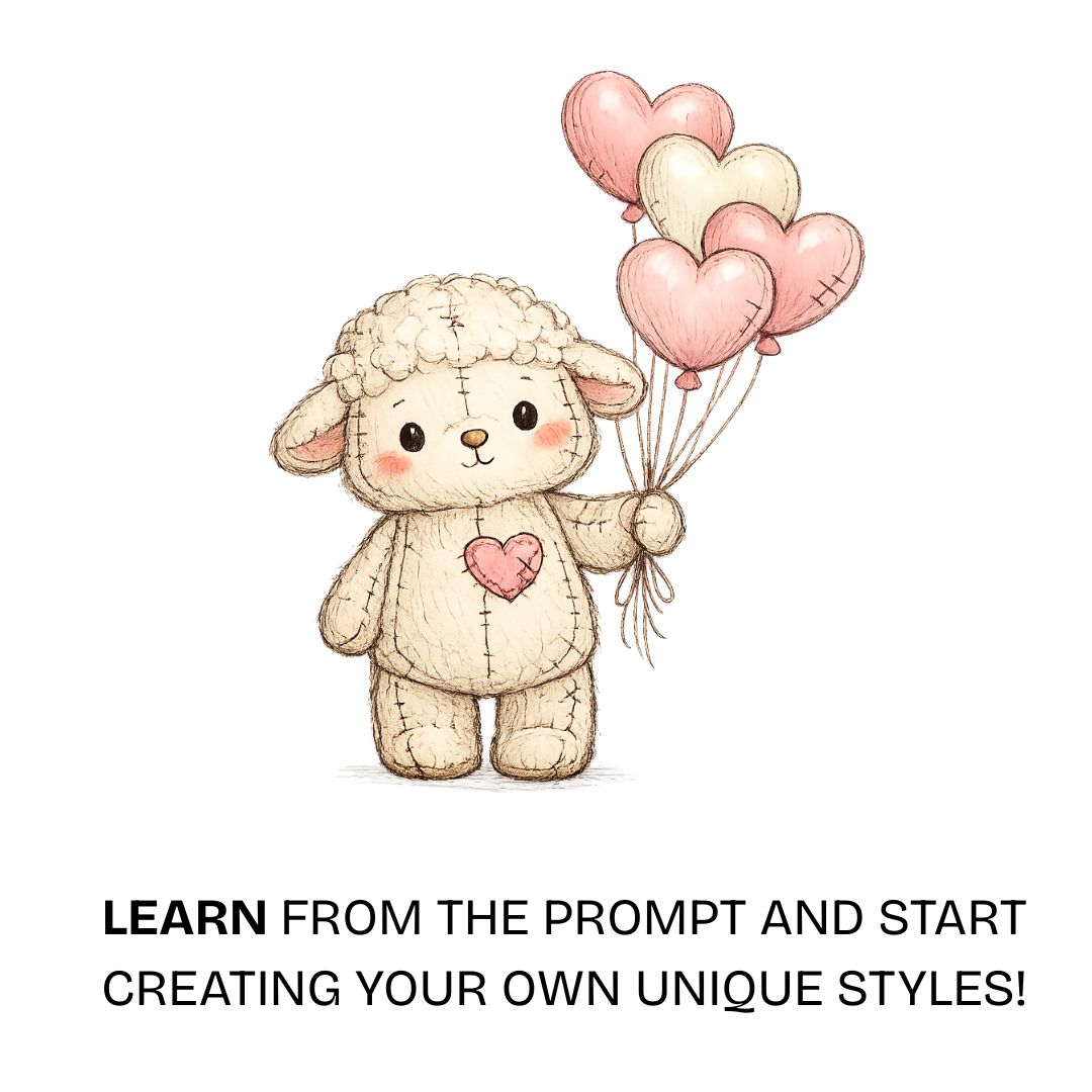 Soft plush lamb holding heart balloons, cute love-themed illustration with stitched fabric texture