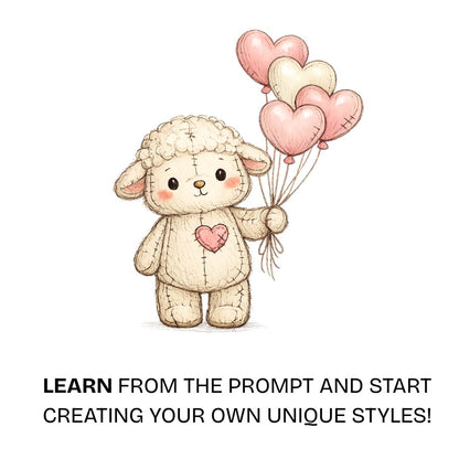 Soft plush lamb holding heart balloons, cute love-themed illustration with stitched fabric texture