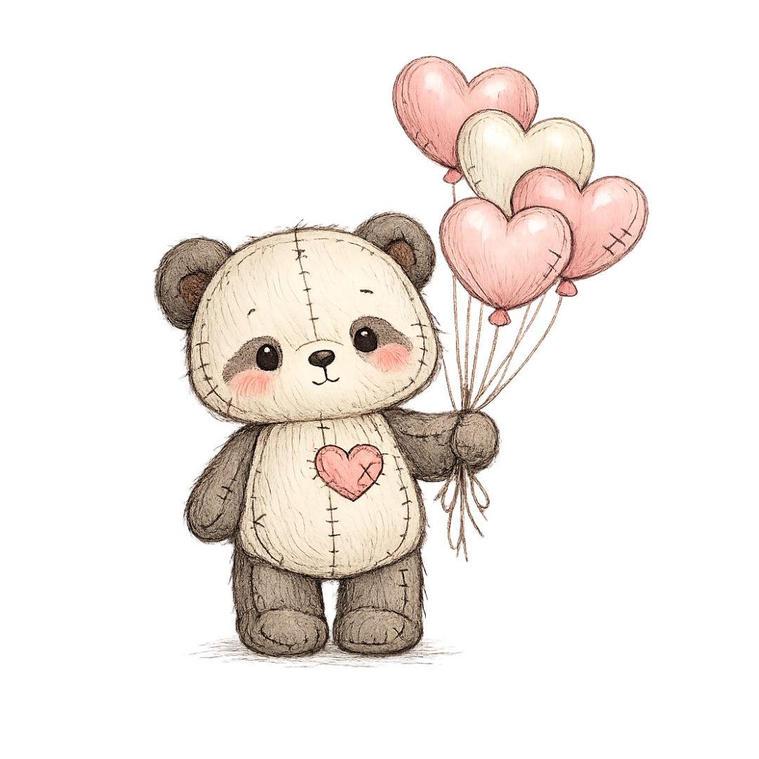 Plush panda character holding heart balloons, cute love card illustration with stitched details