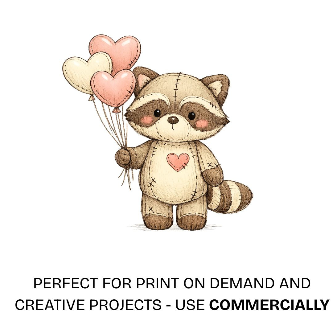 Plush raccoon character with heart balloons, cute valentines digital illustration on transparent background