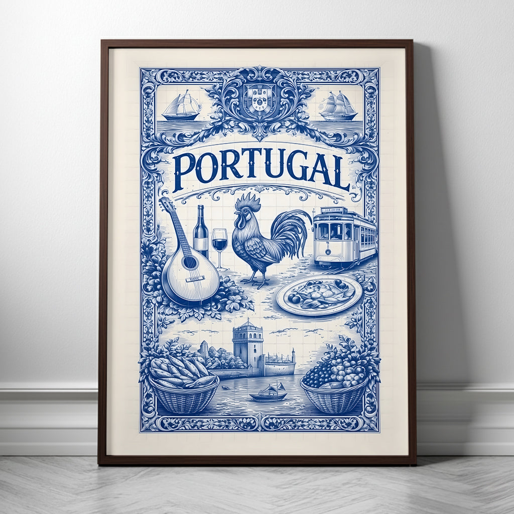 Framed portugal azulejo poster in a dark wood frame, showing a detailed blue tile illustration inspired by Portuguese culture, travel, and symbolism. This framed cultural art poster highlights traditional Portuguese tile art with food, music, transport, and maritime motifs.