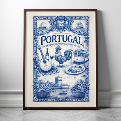 Framed portugal azulejo poster in a dark wood frame, showing a detailed blue tile illustration inspired by Portuguese culture, travel, and symbolism. This framed cultural art poster highlights traditional Portuguese tile art with food, music, transport, and maritime motifs.