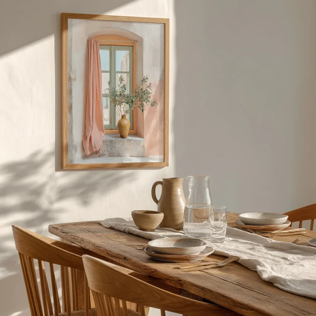 Lifestyle photo of pastel window-view artwork hanging above a styled dining table with ceramics and linen, soft morning light casting shadows to show scale, ambience and natural texture of the print.