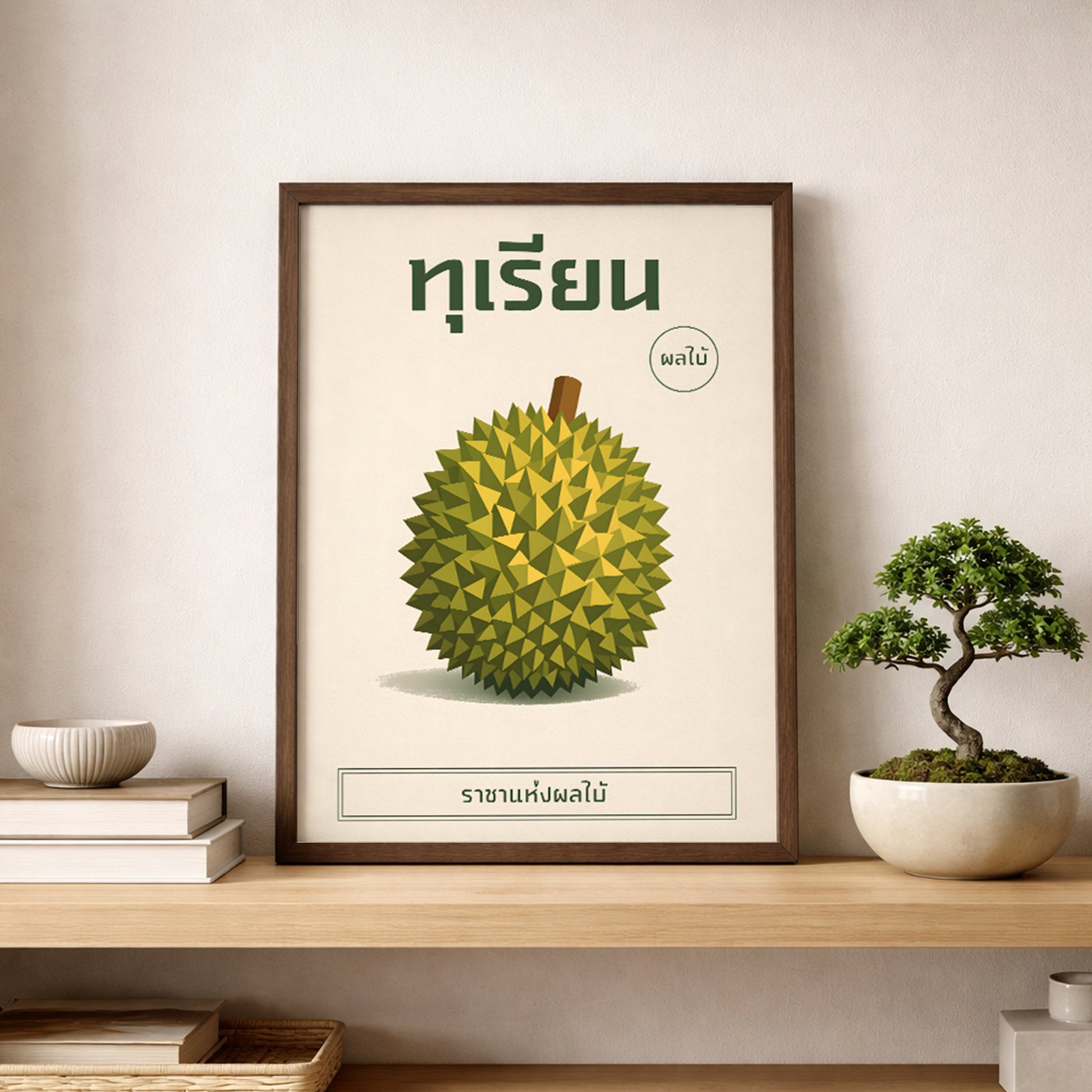 Framed durian fruit poster leaning on a wooden shelf beside a small bonsai plant and ceramic décor. The artwork shows a polygon-style green durian with Thai heading text and minimalist layout. Soft natural textures and earthy tones enhance the botanical theme, making it suitable for modern, organic or Japandi-inspired interiors.