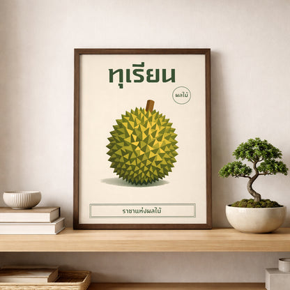 Framed durian fruit poster leaning on a wooden shelf beside a small bonsai plant and ceramic décor. The artwork shows a polygon-style green durian with Thai heading text and minimalist layout. Soft natural textures and earthy tones enhance the botanical theme, making it suitable for modern, organic or Japandi-inspired interiors.