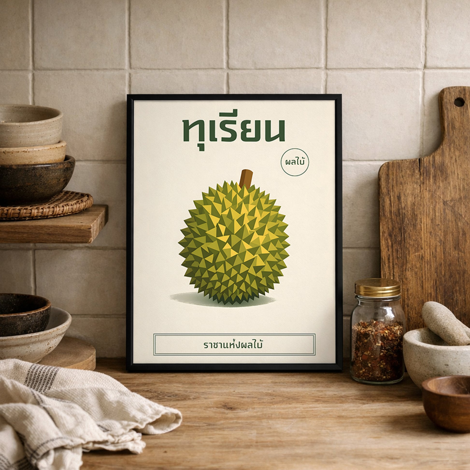 Framed durian fruit poster displayed on a kitchen shelf surrounded by bowls, chopping boards and rustic ceramics. The artwork presents a faceted green durian with Thai script and subtle caption text. Natural wood textures and soft neutral tones complement the botanical theme, enhancing modern farmhouse or Scandinavian kitchen décor.
