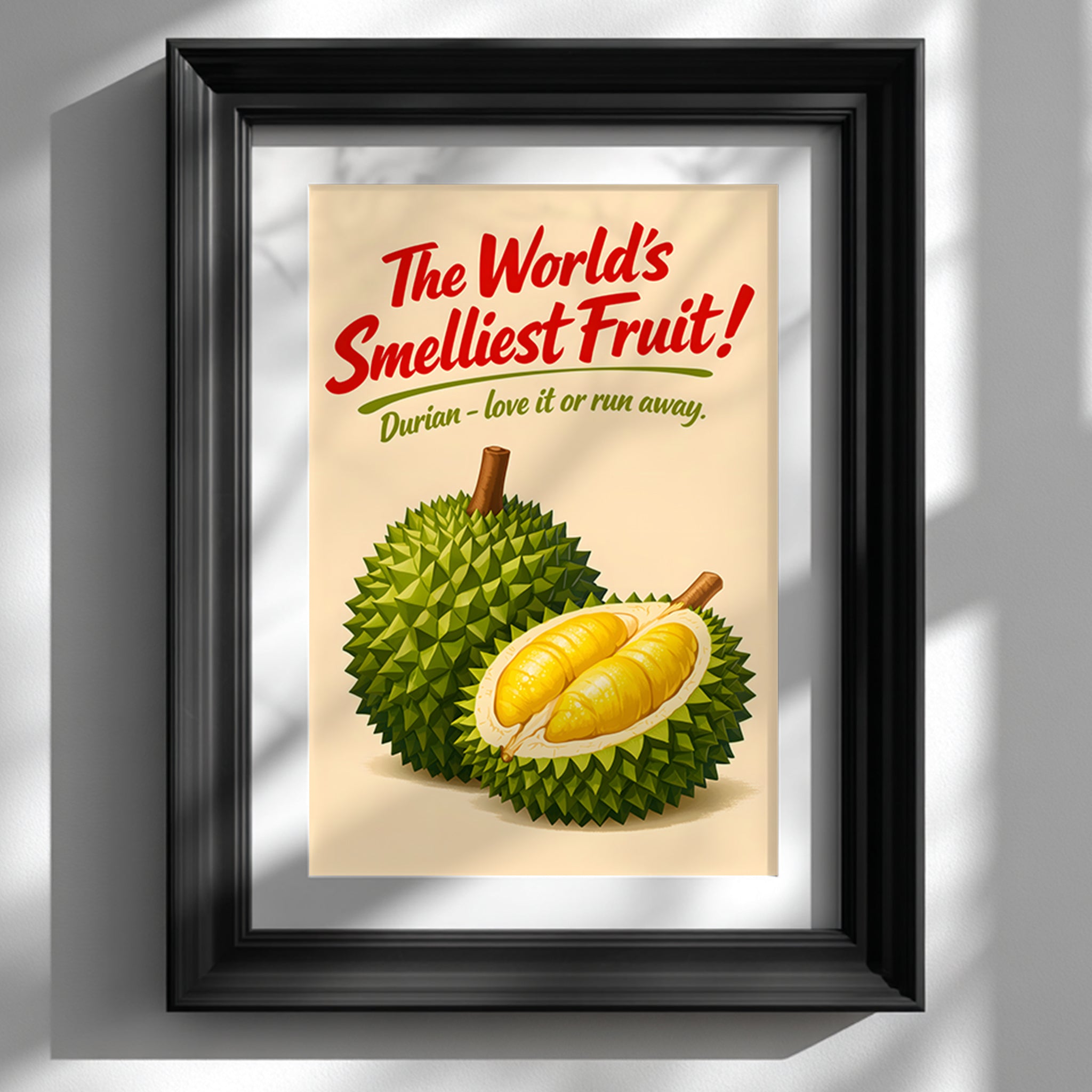 Framed Smelly Durian Poster displayed in a black frame against a clean white wall, featuring a retro mid-century durian fruit illustration with bold red “The World’s Smelliest Fruit” headline. Tropical kitchen wall art inspired by Thai street food culture, ideal as exotic fruit poster decor, Southeast Asian food art print or playful durian kitchen gift.