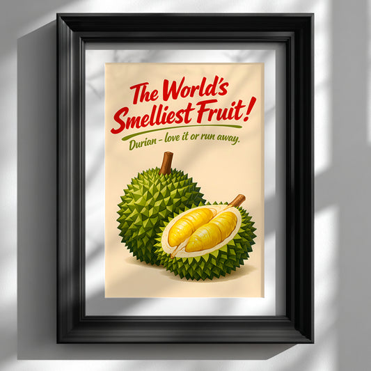 Framed Smelly Durian Poster displayed in a black frame against a clean white wall, featuring a retro mid-century durian fruit illustration with bold red “The World’s Smelliest Fruit” headline. Tropical kitchen wall art inspired by Thai street food culture, ideal as exotic fruit poster decor, Southeast Asian food art print or playful durian kitchen gift.